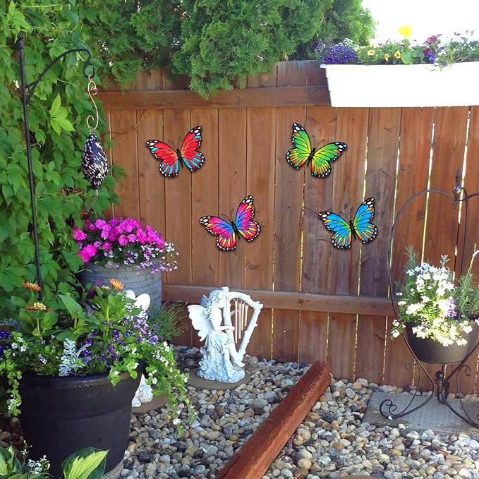 Oraytteo 4 Pack Metal Butterfly Wall Decor, Butterflies Wall Art Hanging Sculptures for Outdoor, Fence Patio Yard Tree Garden Home Decorations, Housewarming Gift