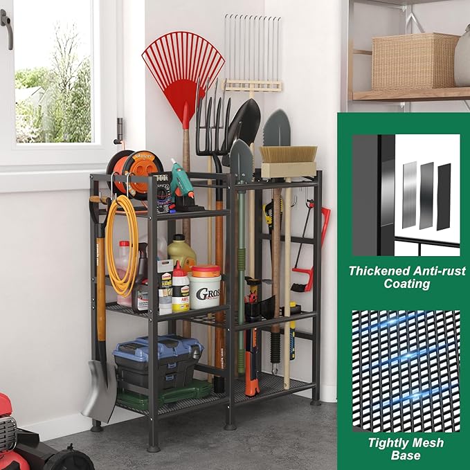 keomaisyto Garden Tool Organizer for Garage Organization, 3 Tier Yard Tool Storage Rack with 35 Long-Handled Tool Slots, Heavy Duty Garden Tool Holder with Large Hooks for Shed, Yard, Garage