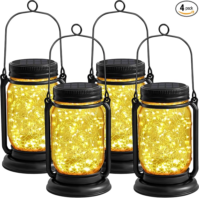 4 Pack Hanging Solar Lantern Lights,Vintage Glass Mason Jar Solar Fairy Lights, Mothers Day Gifts for Woman Mom Grandmom,Outdoor Decorative Waterproof Table Lamp with Stakes for Patio Yard Lawn Tree