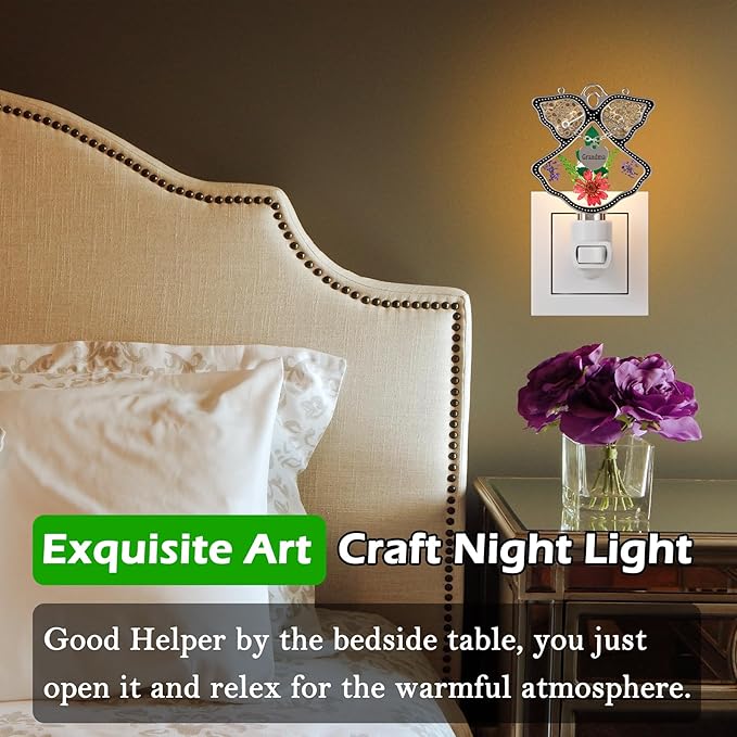 KY&BOSAM Night Light Grandma Stained Glass Angel Night Lights Plug Into Wall with Real Flower in Glass and Metal Charm Night Light for Nursery Bedroom Bathroom Accent Lite Elegant Home Decoration