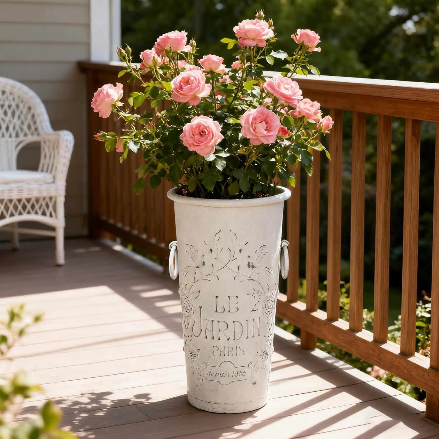 Set of 2 Distressed White Metal Flower Pots - Le Jardin Paris 14" Vintage Planters, Decorative Round Plants Buckets for Indoor/Outdoor Garden Patio Decor