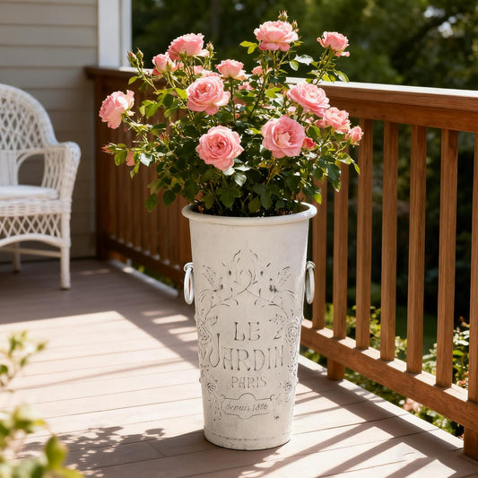 Set of 2 Distressed White Metal Flower Pots - Le Jardin Paris 14" Vintage Planters, Decorative Round Plants Buckets for Indoor/Outdoor Garden Patio Decor