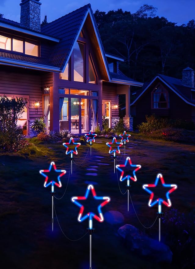 4th of July Decorations Outdoor Red White and Blue Lights, 4 Big Neon Star Pathway Lights Plug in for Independence Day Memorial Day Patriotic Decor Outside Garden Yard Lawn