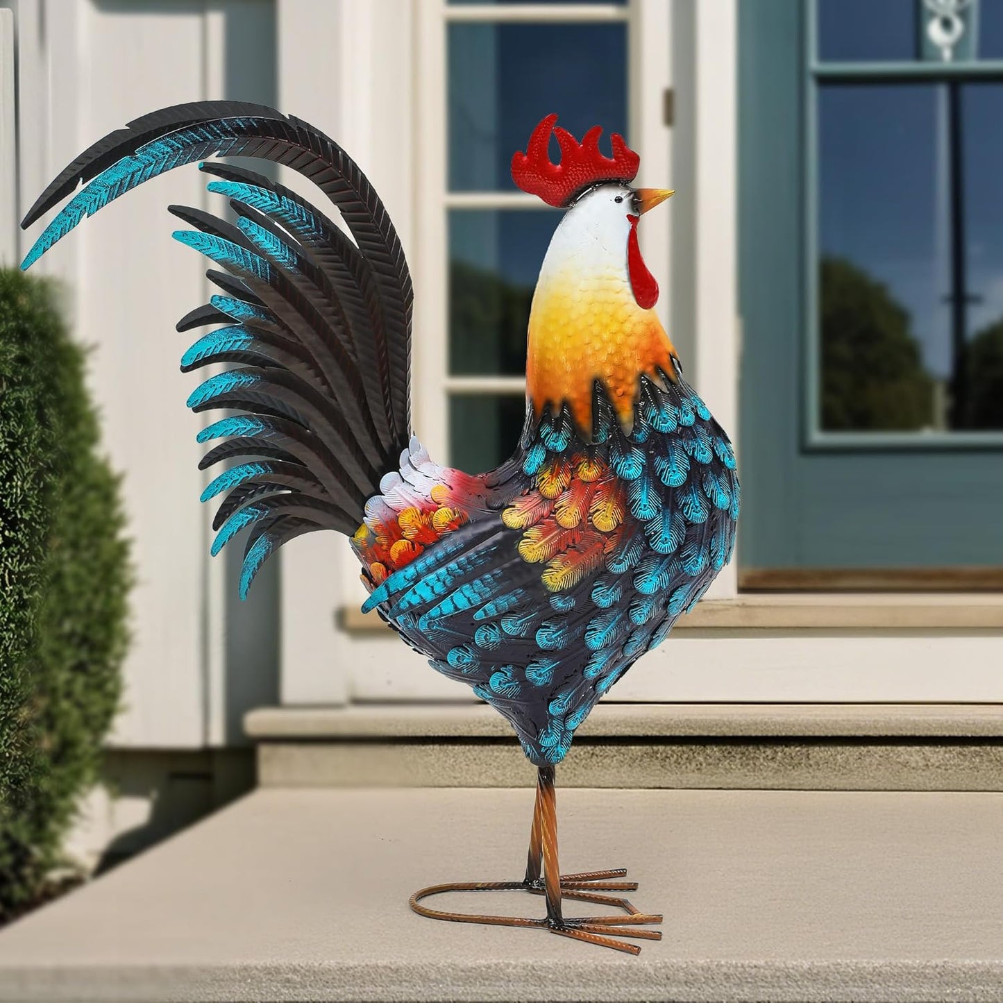 32in Metal Rooster Decor, Outdoor Garden Statues, Metal Chicken Sculpture for Backyard Patio Garden Kitchen Décor