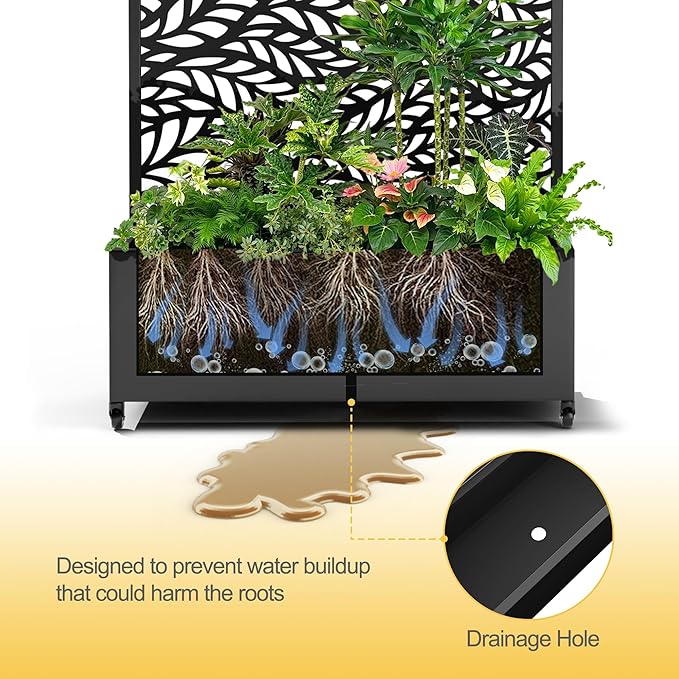 Raised Garden Bed with Trellis and Wheels,73"x35"x16" Metal Raised Garden Bed,Black Flowing Leaf Metal Planter with Climbing Trellis for Vines & Vegetables