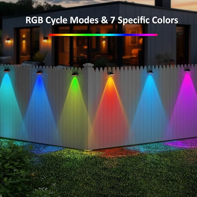 Solar Fence Lights Outdoor - Warm White & RGB 6 Color, Dusk to Dawn Deck Lights, IP65 Waterproof Solar Outdoor Lights for Fence/Backyard/Railing/Step/Patio/Wall (6 Pack)