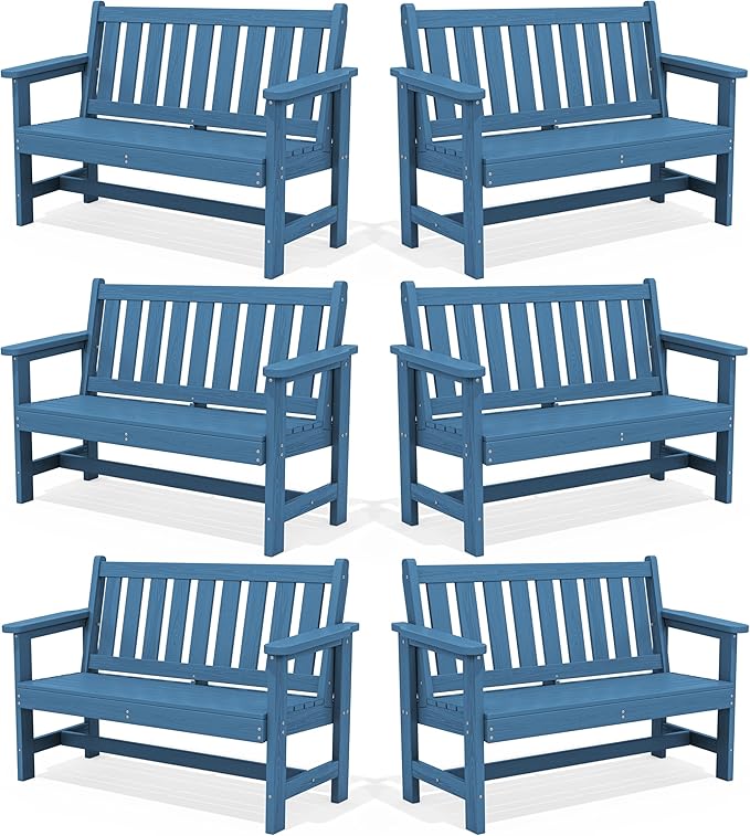 SERWALL Outdoor Bench, HDPE Outdoor Benches Weatherproof, 2-Person Garden Bench with 660 lbs Weight Capacity, Patio Benches for Outdoors, Garden, Porch, Backyard and Park, Navy, 6 Pack