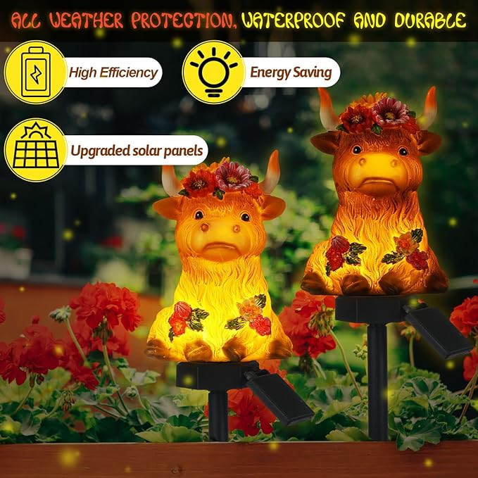 2 Pack Highland Cow Solar Lights Outdoor Garden Gnome Statues Resin Lamp Decor Waterproof Stake Lights Highland Cow Gifts for Yard Patio Lawn Decor