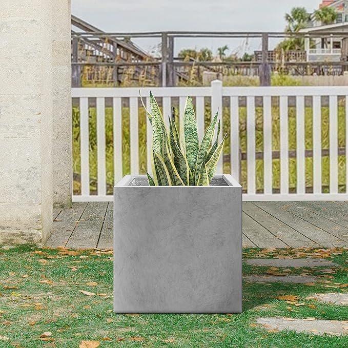Kante 16 Inch Square Concrete Planter for Outdoor Indoor Home Patio Garden, Large Plant Pot with Drainage Hole and Rubber Plug, Natural Concrete