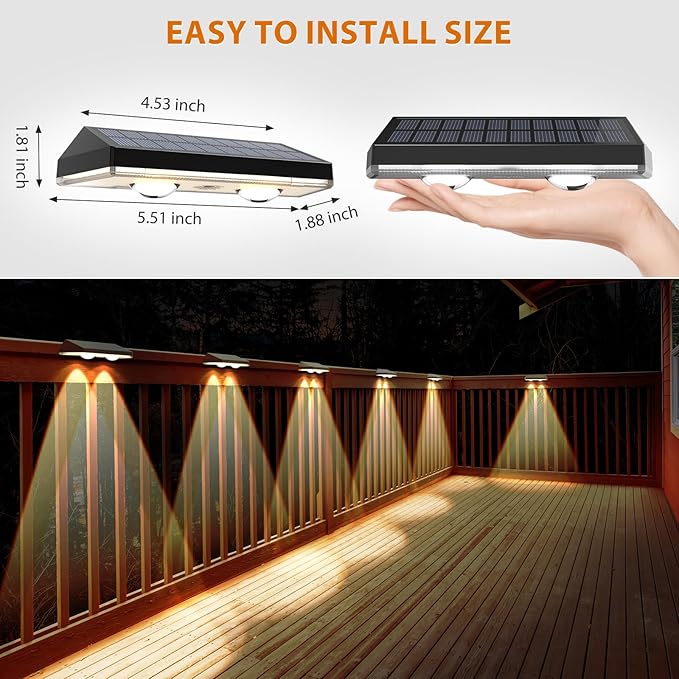 Solar Fence Lights ,RGB & Warm White & 6 Colors Bright Lens LED Dusk to Dawn Deck Light, Fence Solar Lights Outdoor Waterproof, Solar Outdoor Lights for Backyard/Railing/Wall/Step/Patio/Pool (4Pack)