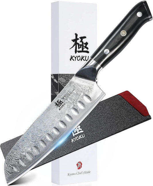 KYOKU Santoku Knife - 7" - Shogun Series - Japanese VG10 Steel Core Forged Damascus Blade - with Sheath & Case