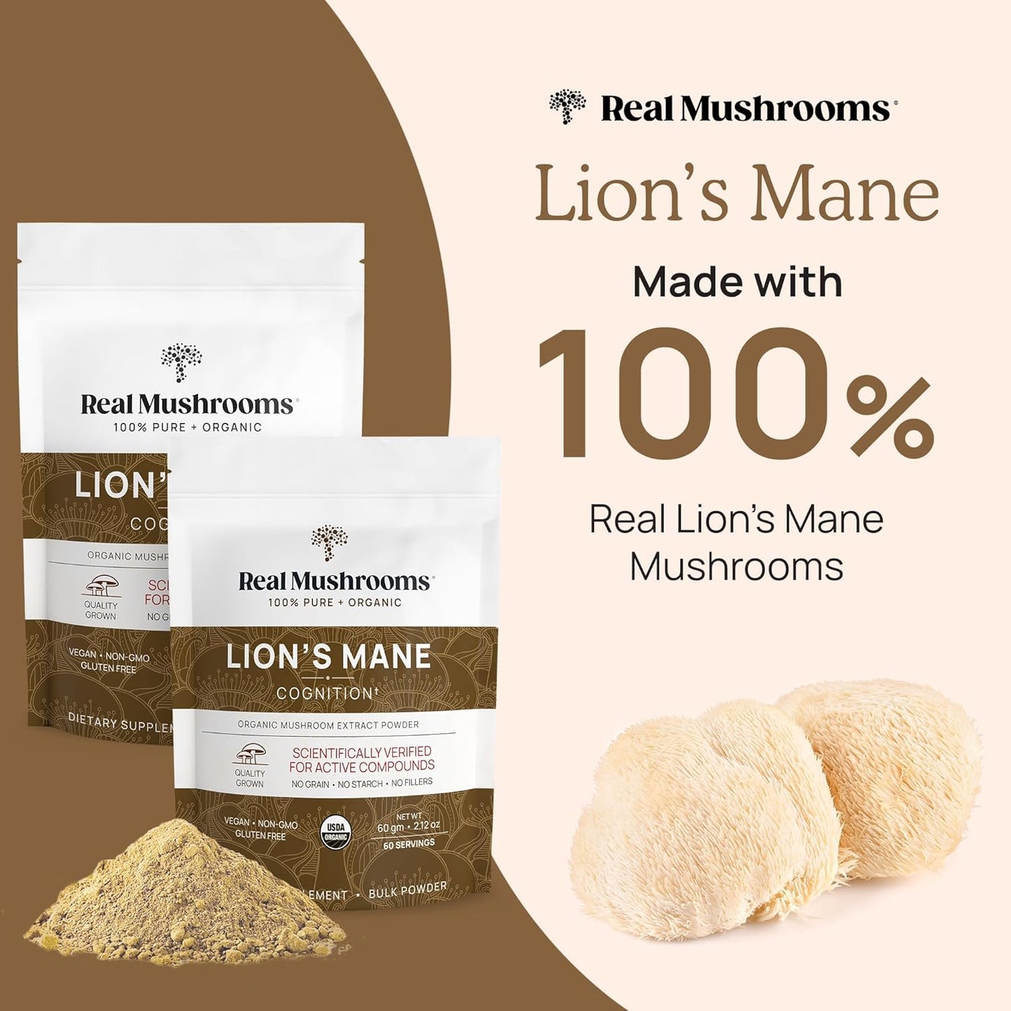 Real Mushrooms Lion’s Mane Supplement Powder - Organic Lions Mane Extract - Functional Mushrooms with Verified Beta Glucans – Functional Blend – Non-GMO, Vegan with 150 Servings