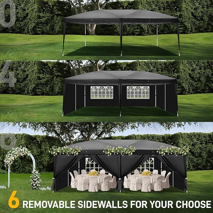 Outvita 10x20ft Pop Up Canopy Tent, Outdoor Instant Shelter Folding Canopy with 6 Side Walls and Carry Bag for Commercial Events, Party, Backyard BBQ, Camping Black