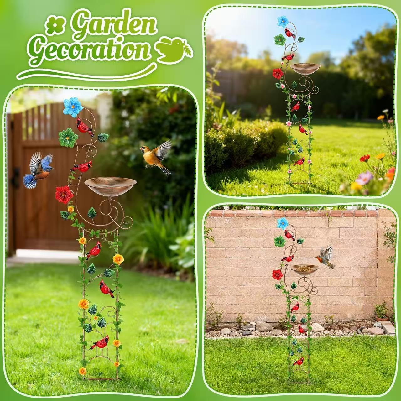 57” Bird Bath with Garden Trellis for Climbing Plants Outdoor, Small Decorative Metal Birdbath Bird Baths (Redbird)