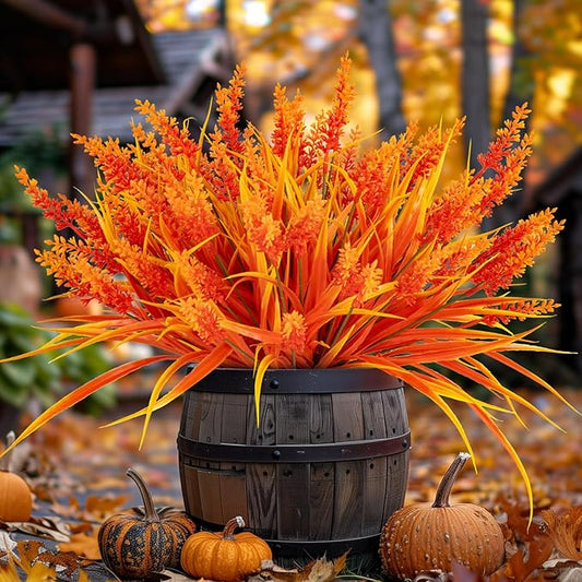 Artificial Fall Flowers for Outdoor Plants 12 Bundles Fake Lavender Plastic Faux Monkey Grass for Verandah Window Garden Office Patio Front Porch UV Resistant for Planter(Autumn Red)