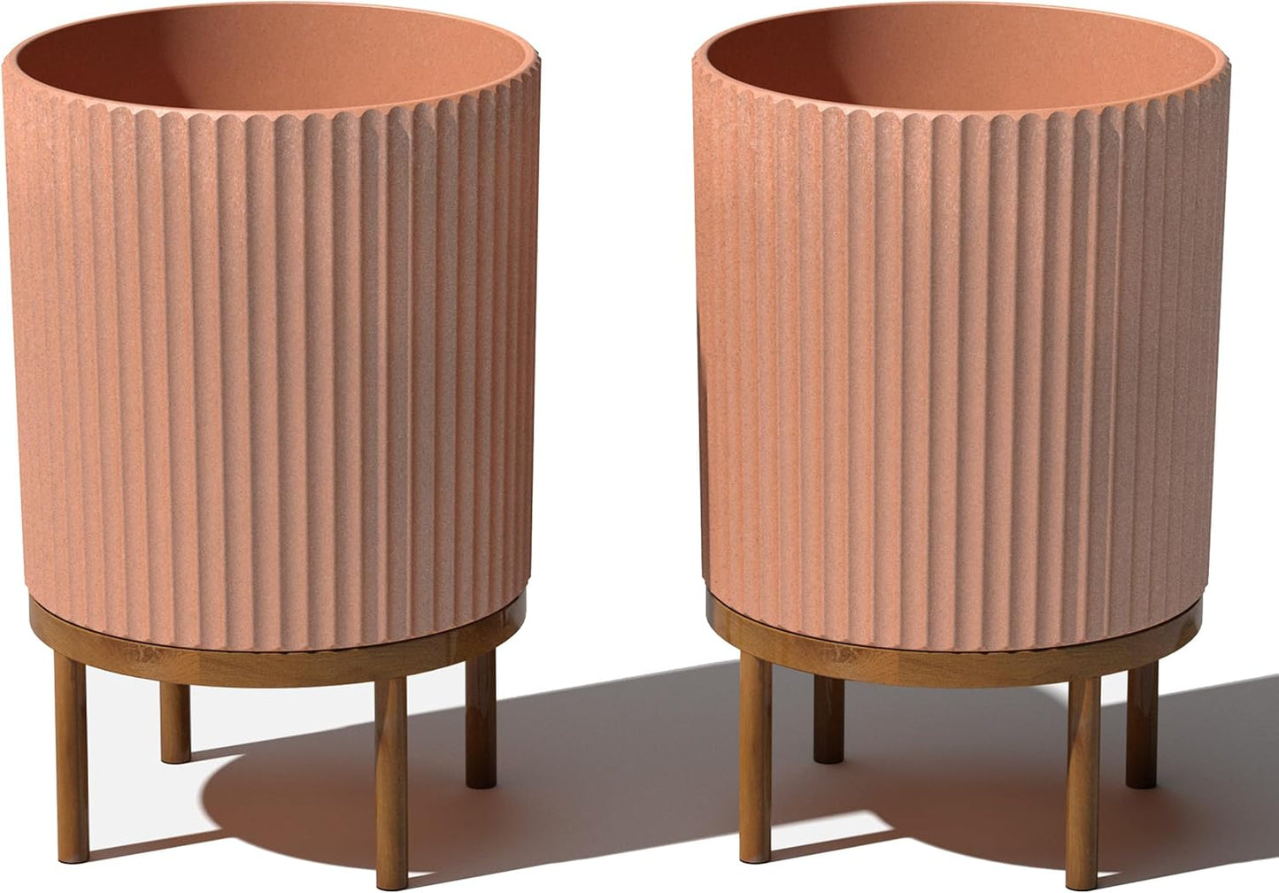 Veradek Demi Series Round Planter w/Stand for Porch/Patio | Durable Plastic-Stone Composite & Wooden Stand | Modern Décor for Tall Plants, Flowers