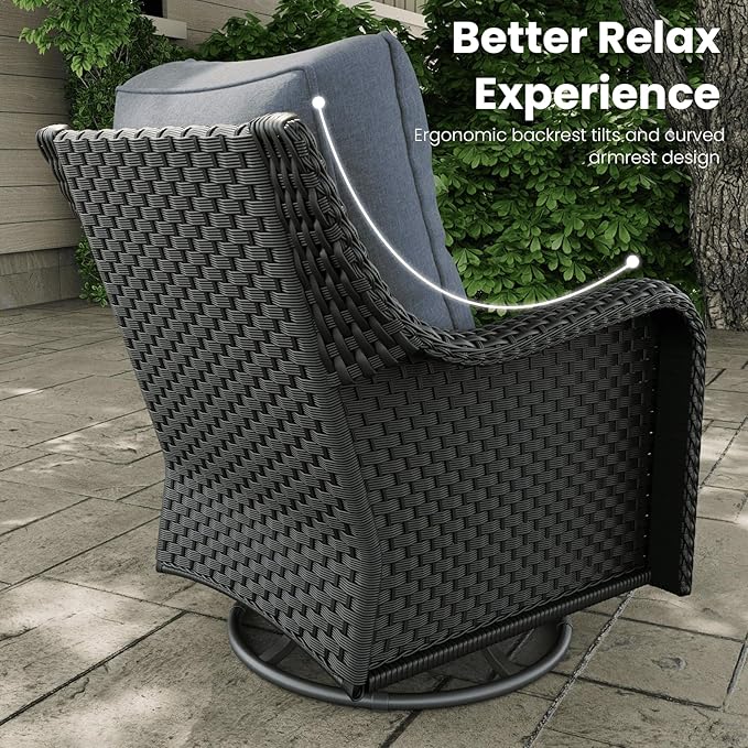 5 Pieces Outdoor Patio Furniture Sets with Rocking Swivel Chairs with 6-inch Thick Cushion and Side Table for Deck Lawn