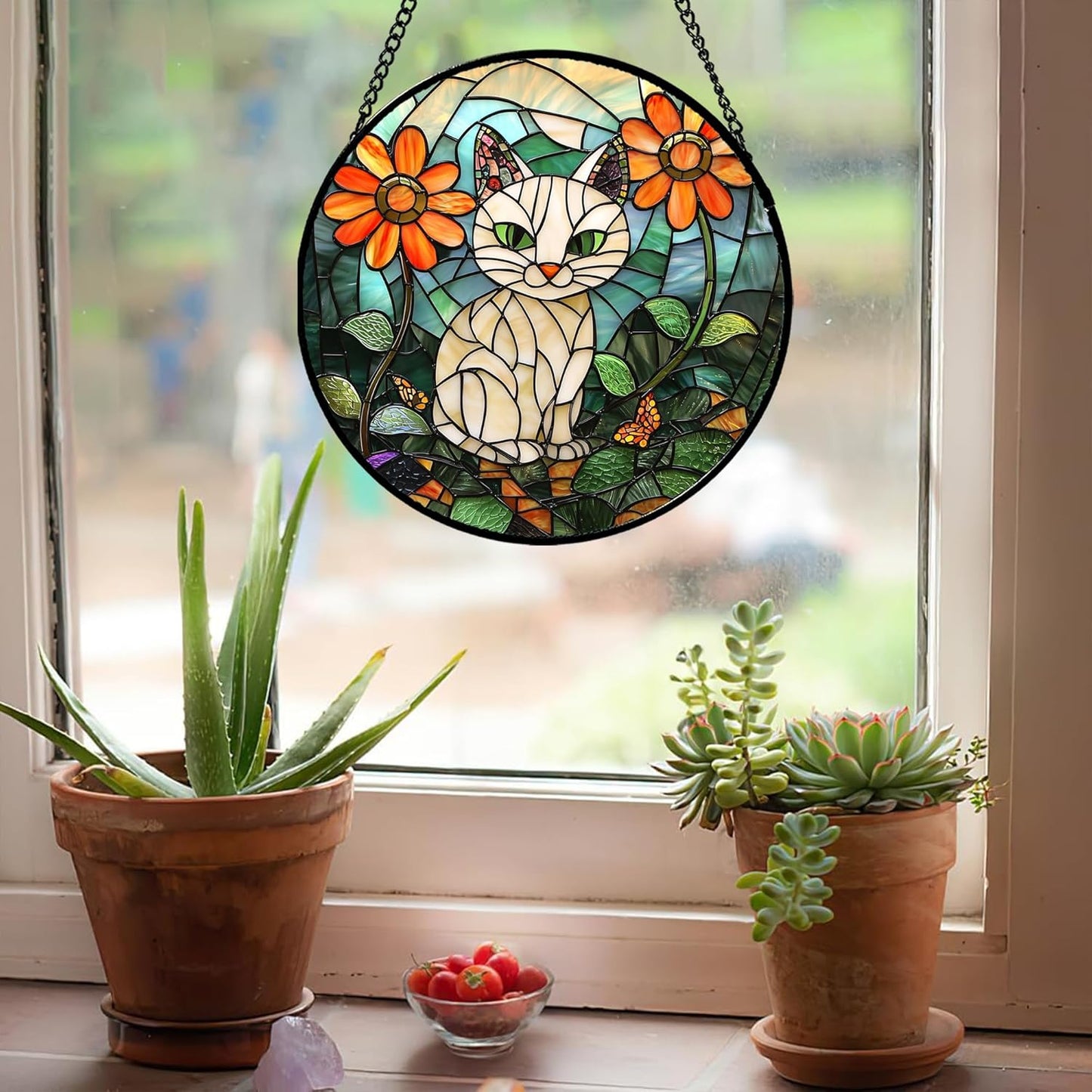 Stained Glass Window Hanging - White Cat Green Plants Orange Flowers Sun Catcher for Door Garden Home Decor Suncatcher Christmas Mother's Day Birthday Gifts for Women Men Mom Nana 11.8 in