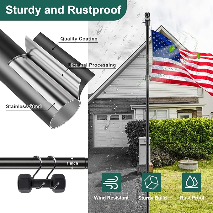 2 Pack Ground Flag Pole for Outside House - 8.5 FT Tangle Free Heavy Duty Flag Pole Kit with Windproof Stand,Outdoor Inground Flag Holder for Yard Garden, Includes Bonus 3x5 American Flag,Black