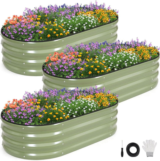 INNO STAGE 3Pcs Galvanized Raised Garden Bed Kit, Outdoor Metal Raised Garden Beds for Vegetables, Rust-Resistant & Easy Assembly, 4x2x1ft Oval Raised beds for Gardening, Flowers, Herbs (Olivergreen)