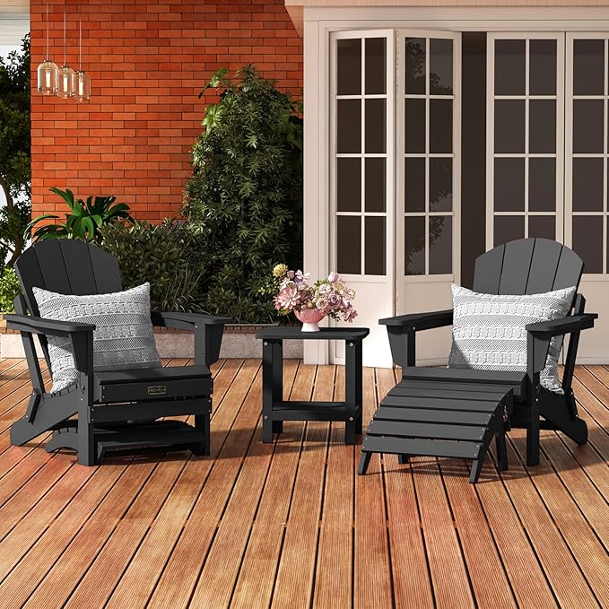 SERWALL Folding Adirondack Ottoman, No-Assembly Outdoor Footrest, All Weather Use Patio Footstool for Adirondack Chair, Black