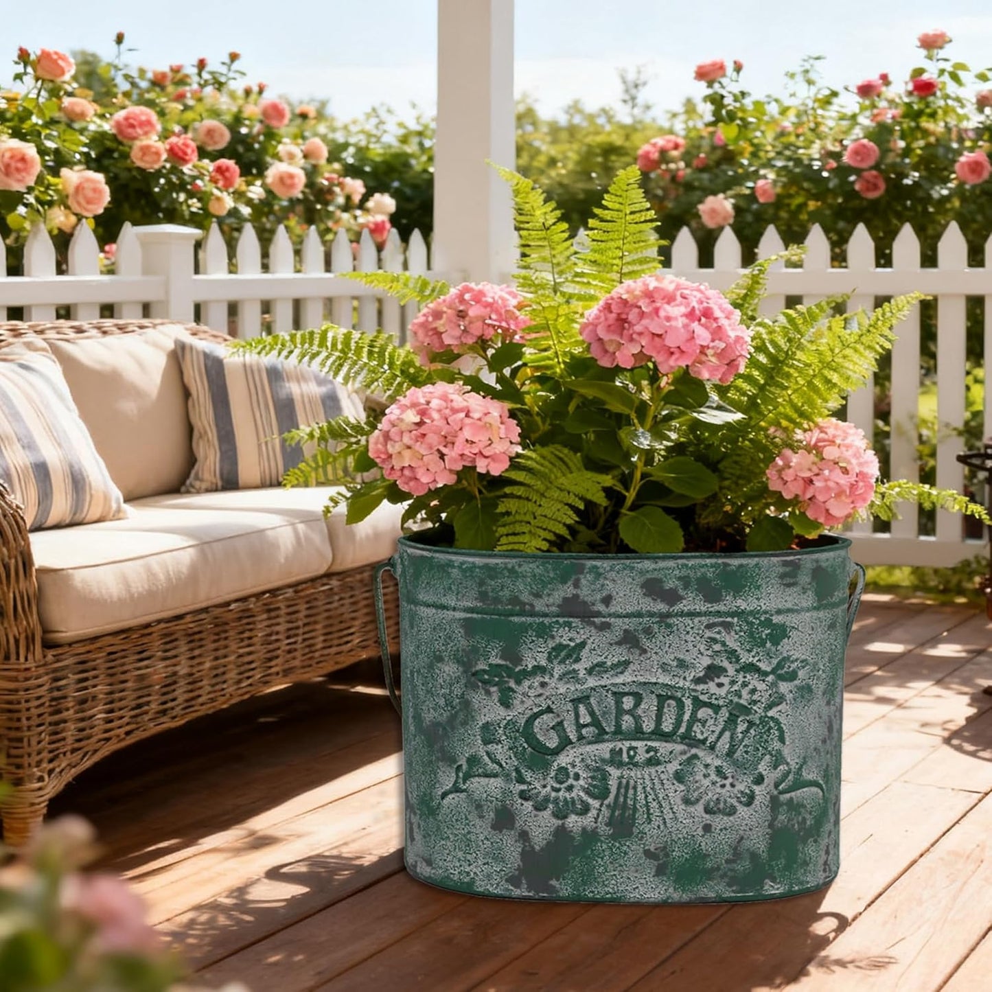 Vintage Distressed Green Metal Planter Pot with Handles, Garden No.2 Embossed Design, Rustic Farmhouse Flower Bucket for Indoor Outdoor Gardening, Succulents, Herbs, Home Decor