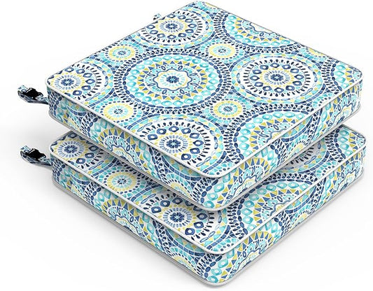 LVTXIII Patio Chair Cushions 22"x22"x3", Water-Repellent Outdoor Seat Cushions for Patio Furniture, Square Chair Pads with Ties for Home Garden Decoration, Set of 2, Delancey Lagoon