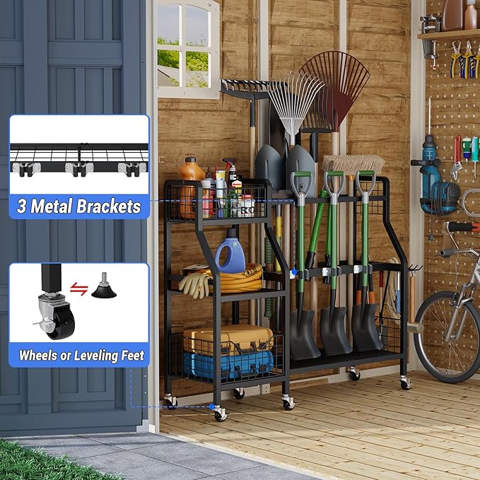 keomaisyto Garden Tool Organizer with 6 Wheels(3 lockable), Heavy Duty Yard Tool organizer with 2 Basket, Large Metal Garage Tool Organization and Storage for Garage/Shed/Yard/Broom Closet/Lawn