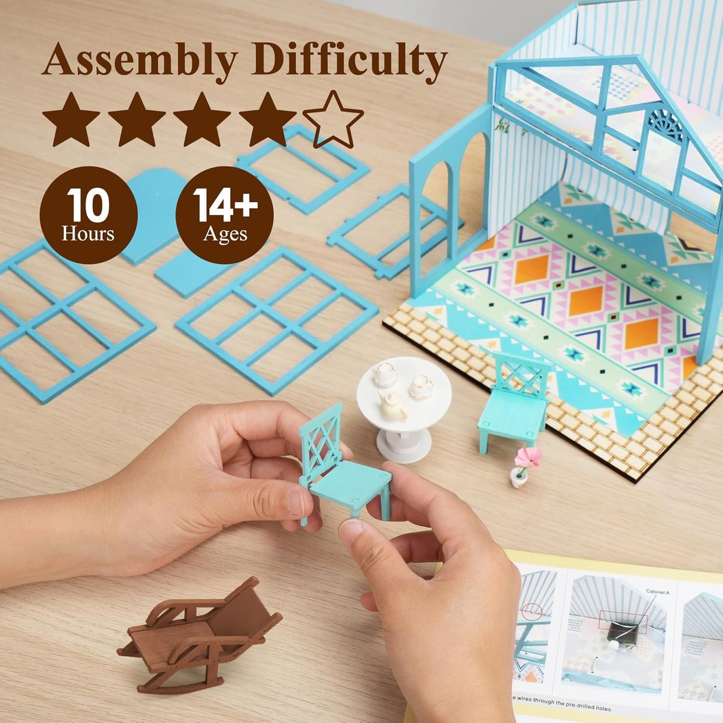 BenBen DIY Miniature House Kit, Garden Tea House Model Craft Kits for Adults, Teens, Mini House Building Kit with Furniture, Dollhouse Diorama to Build for Home Décor