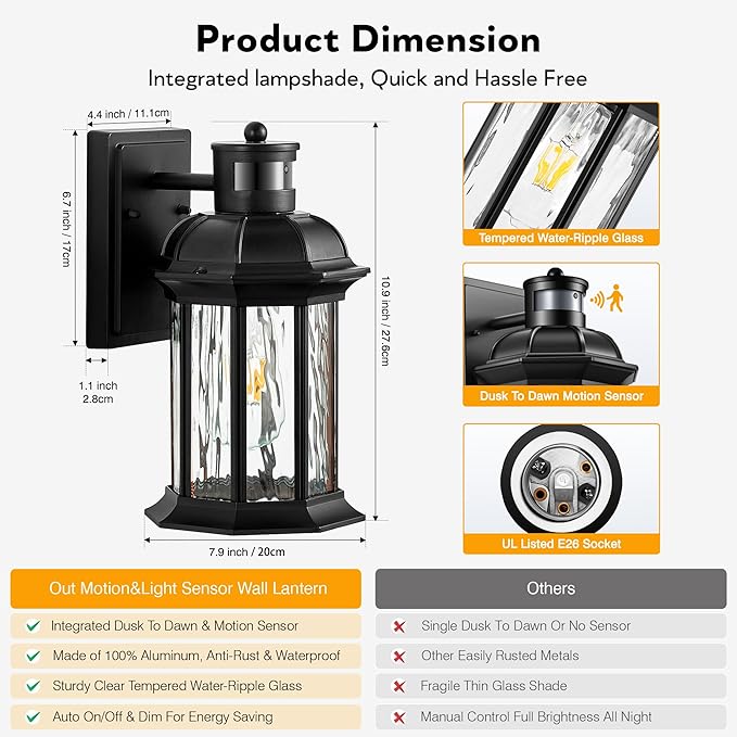 VIANIS Dusk to Dawn Motion Sensor Outdoor Porch Lights, Modern Black Exterior Porch Light Fixtures Wall Mount, Anti-Rust Aluminum Waterproof Wall Lantern With Tempered Ripple Glass For Garage Entryway