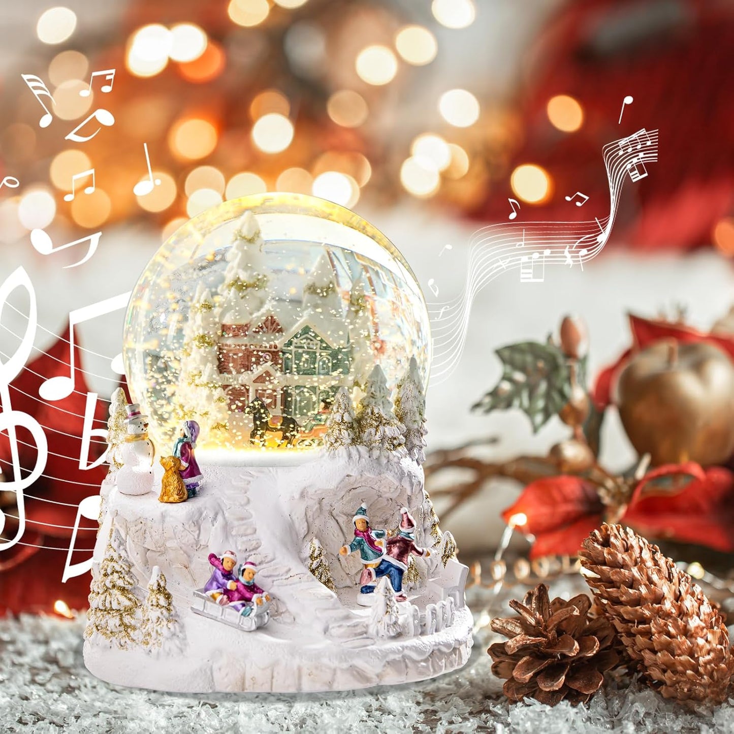 MUMTOP Christmas Snow Globes, Musical Snow Globes, White Christmas Lanterns Snow Globe Snowglobes with House,Dancing Kids,Children Skiing on Sledges and Snowman for Christmas Birthday Gift