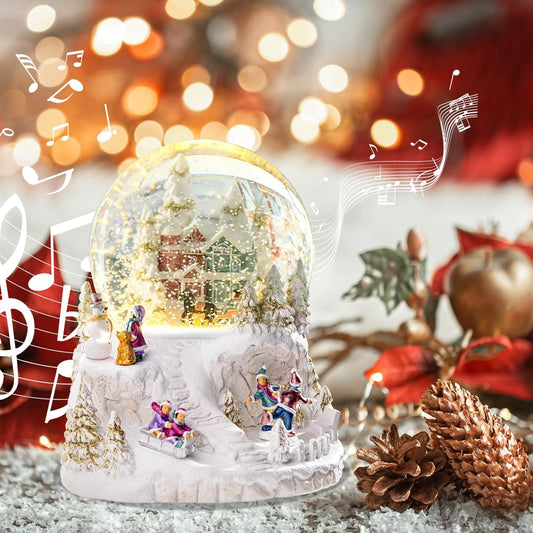 MUMTOP Christmas Snow Globes, Musical Snow Globes, White Christmas Lanterns Snow Globe Snowglobes with House,Dancing Kids,Children Skiing on Sledges and Snowman for Christmas Birthday Gift