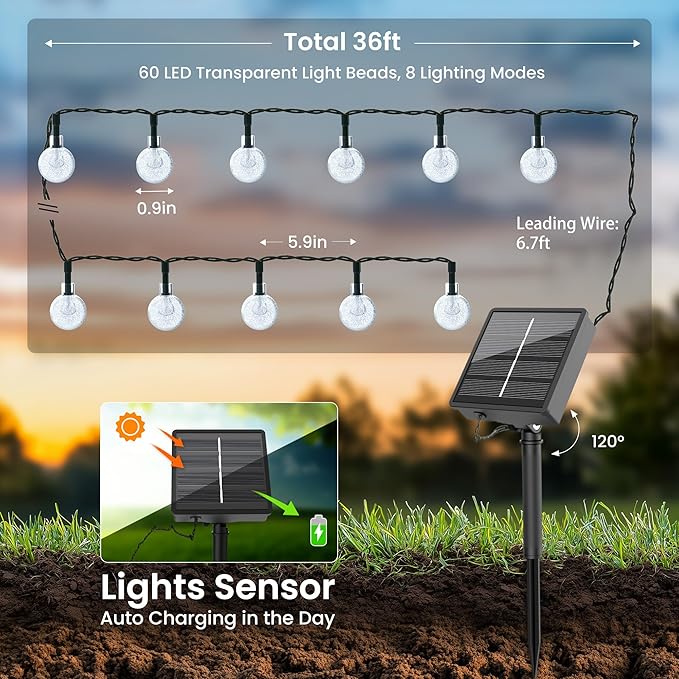2 Pack Solar Lights Outdoor Waterproof, Total 72ft 120 LEDs Crystal Globe with 8 Modes, Solar String Lights for Outside, Patio Porch Garden Yard Christmas Wedding Party Decor (Multicolor)