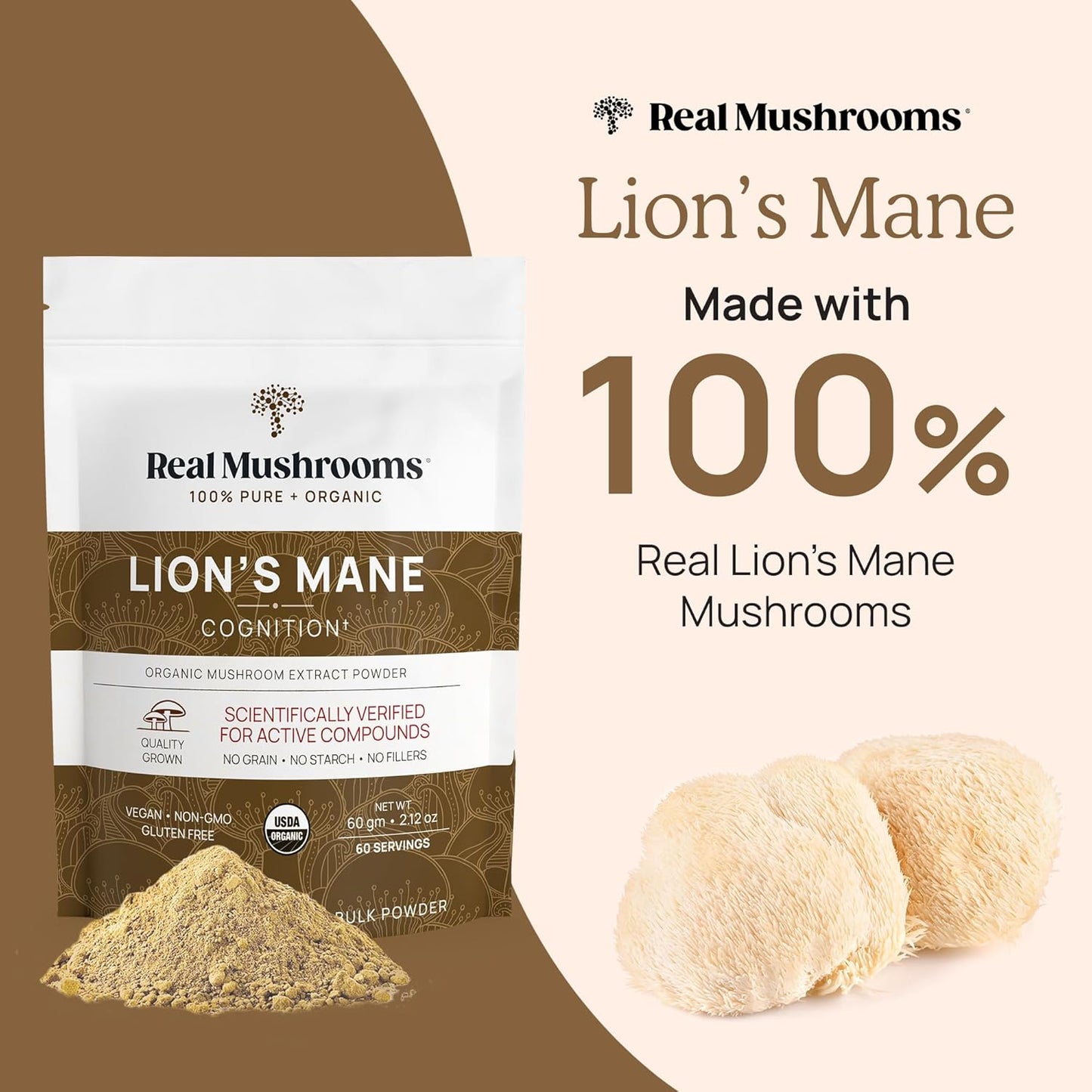Real Mushrooms Lions Mane Mushroom Supplement - Organic Lions Mane Extract Powder for Overall Wellness with Adaptogens – Functional Vegan, Non-GMO Blend with 60 Servings