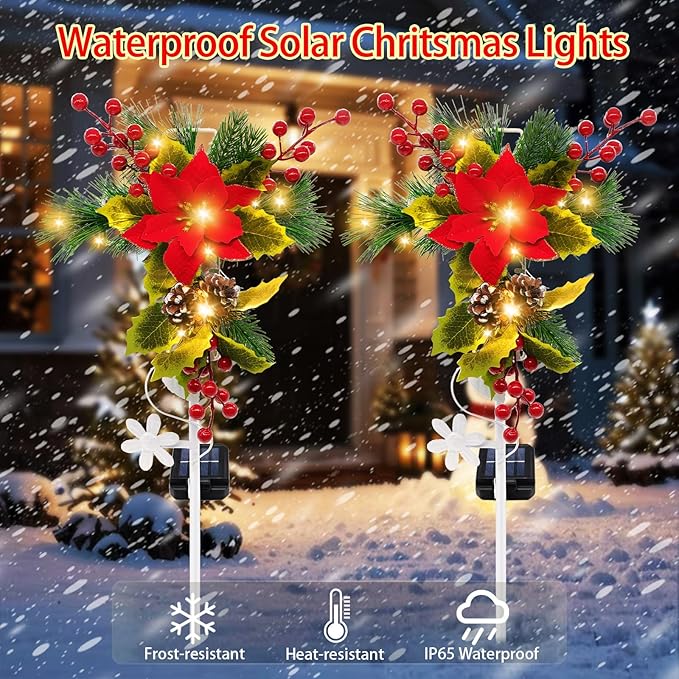 4 Pack Solar Christmas Decorations Outdoor, 32 Inch Solar Christmas Cross Stake Lights, Waterproof Grave Decorations with Poinsettia Flower Pinecones Red Berries for Garden Yard Patio Lawn Cemetery