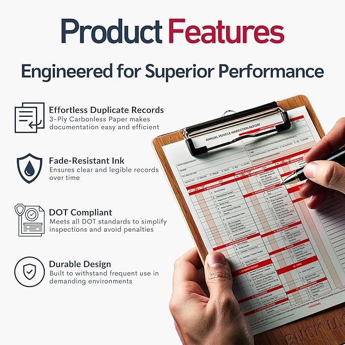25 Pack 3-Ply Carbonless Annual Vehicle Inspection Report Forms with FMCSA 2-Ply Mylar Laminate Adhesive Vinyl Labels, DOT Inspection Forms and Stickers, Shrink-Wrapped, 8.5" x 11.75" - Made in USA