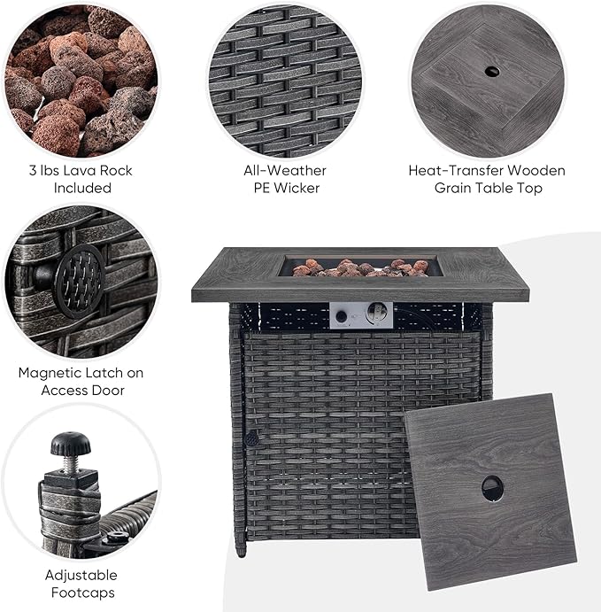 Outdoor Patio Furniture Set with Propane Fire Pit Table, 7 Pieces Wicker Patio Conversation Set with 2 Swivel Glider Rocker Chairs Rattan Sofa Blue Cushion Perfect for Casual Gathering Gray