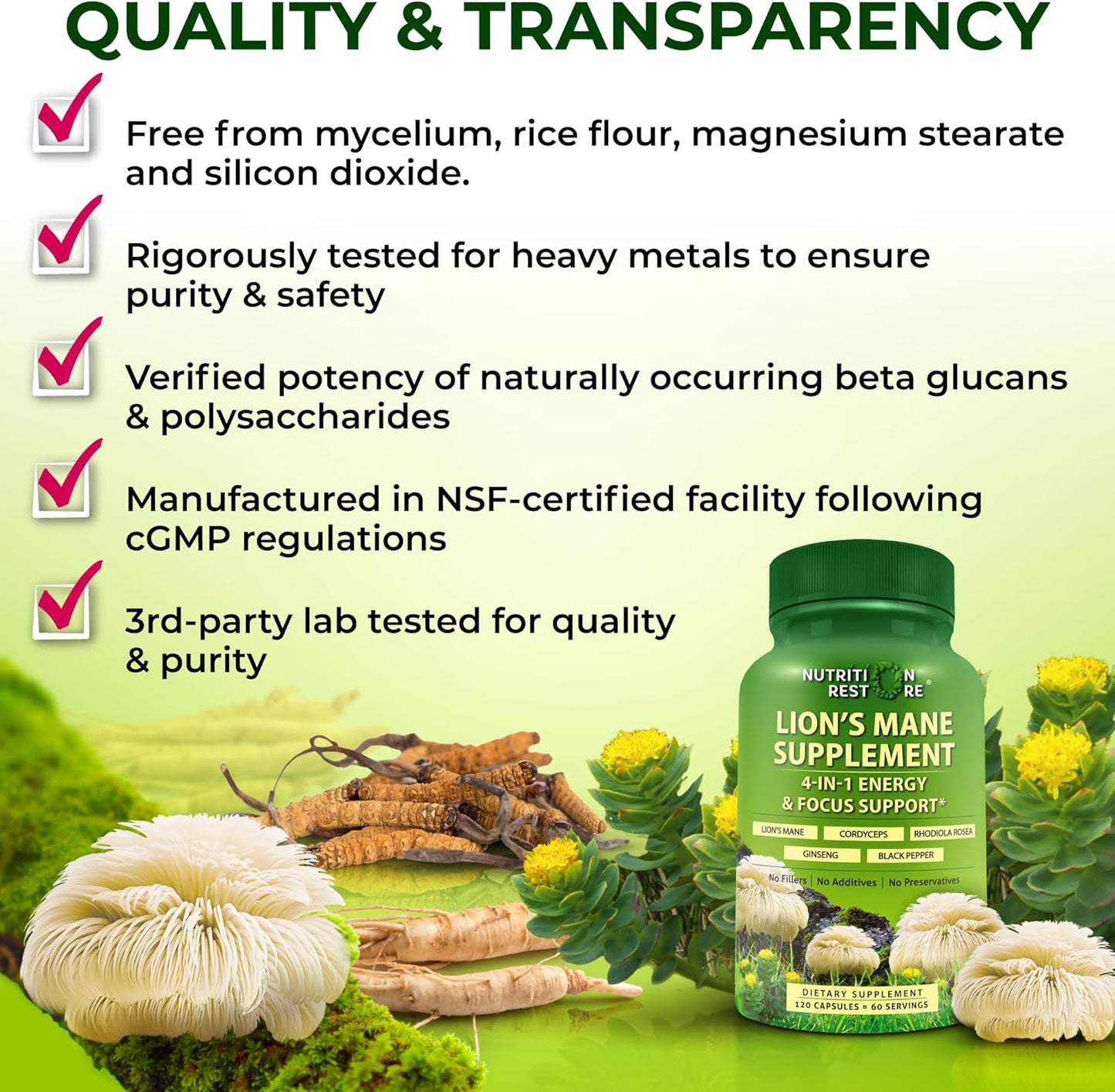 Organic Lion's Mane Supplement Capsules - Contains Naturally Occurring Beta Glucans & Polysaccharides, Enhanced with Organic Energy & Focus Support Blend: Cordyceps, Rhodiola Rosea, Ginseng, 120 Count