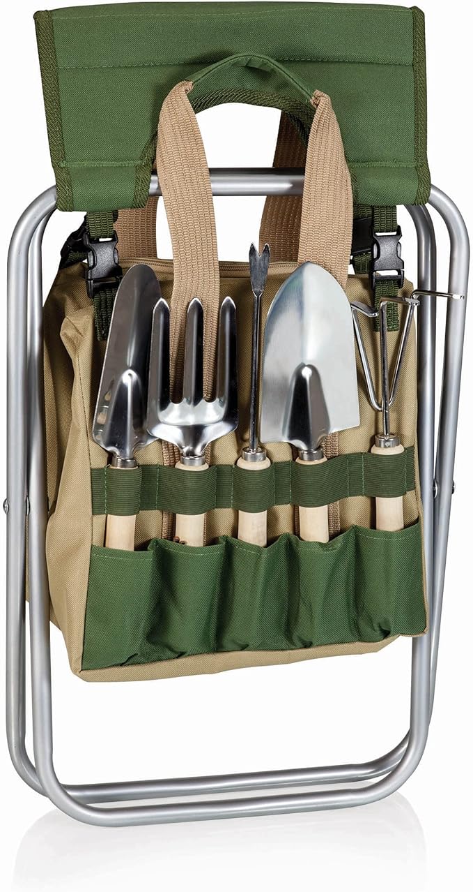 ONIVA - a Picnic Time brand Gardener Folding Seat with Tools, Garden Stool with Detachable Storage Tote Bag, Portable Chair Seat with Garden Tools Set Organizer, Olive Green with Beige Accents