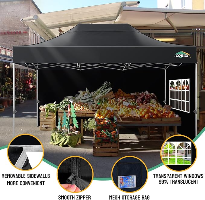 COBIZI 10x15 Pop up Canopy Tent Heavy Duty with 4 Sidewalls, Easy Set-up Commercial Outdoor Party Tent, 100% Waterproof Wedding Canopy Gazebo, 3 Height Adjustable with Handbag, Black