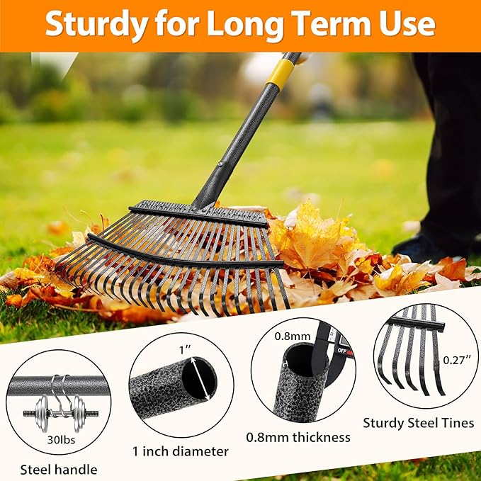 Rake, Garden Rake for Leaves, Heavy Duty Metal Leaf Rake with 37-65 inch Adjustable Steel Handle, 25 Tines 18" Wide Rake Garden Tools for Lawns Yard Flower Bed Grass Mulch Shrub Camping Gardening