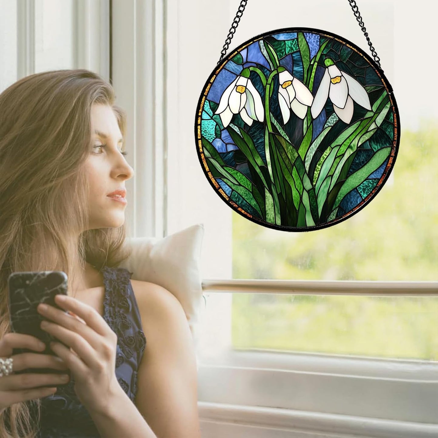 Stained Glass Window Hanging - Green Plants Birth Flowers Suncatcher for Doors Garden Patio Sun Catchers Decor Christmas Mother's Day Birthday Gifts for Women Men Mom Nana Friend 6.3 in