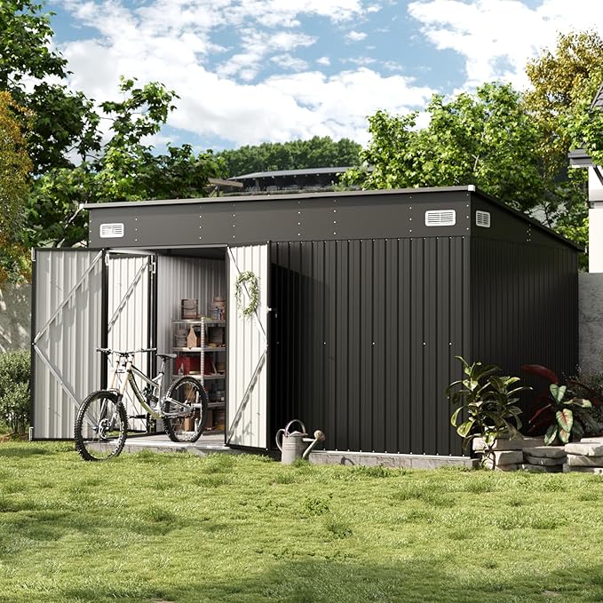 Aoxun 12' x 7.3' Shed 441 CU.FT Outdoor Waterproof Storage Shed with Triple Lockable Door Garden Metal Tool Shed for Outside (Black)