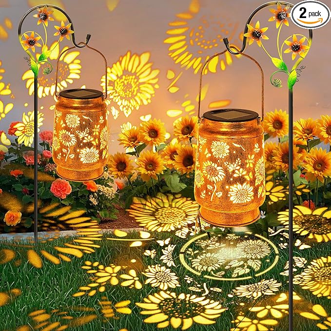 2 Pack Solar Lanterns Outdoor Garden Decor with Shepherd Hook, Gardening Gifts for Mom Grandma Women Sunflower Metal Decor Lantern Waterproof Solar Lights LED Decorative for Garden Yard Patio