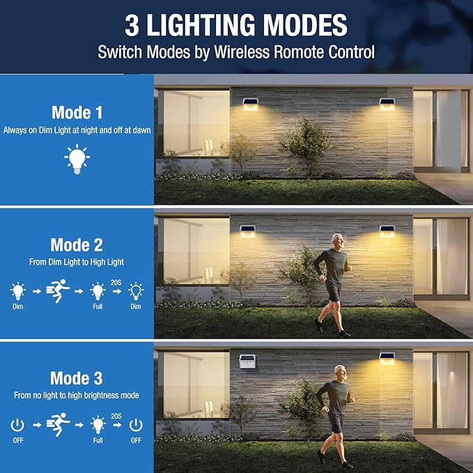 Peasur White Frame Solar Motion Sensor Lights Outdoor - 2 Packs, 180LED Warm Solar Wall Lights, Waterproof, 3 Modes Fence Security Lighting for Deck, Yard, Stairs, Garden