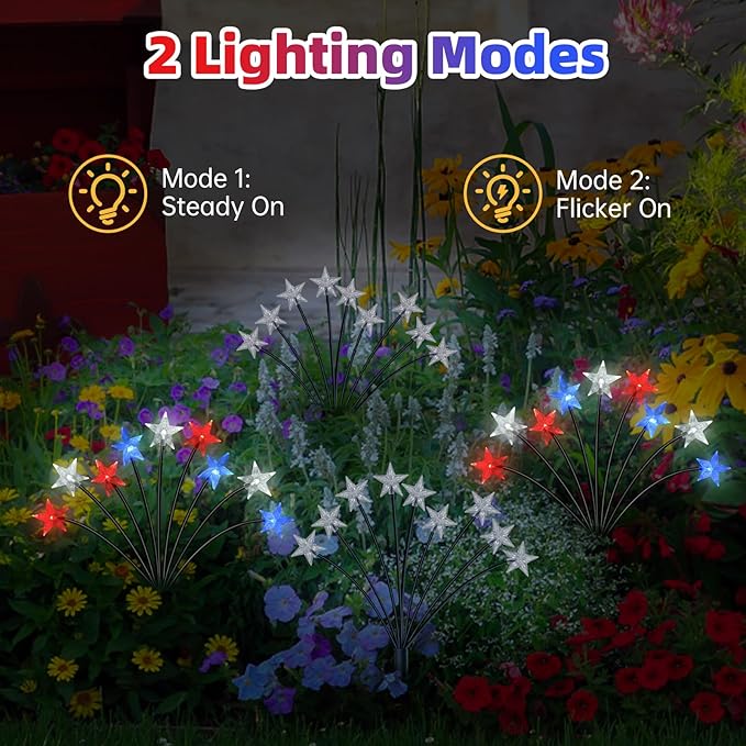 4th of July Decorations Solar Garden Lights, Fourth of July Red White and Blue Light Solar Lights Outdoor, Waterproof Patriotic Decor with 9 LED 2 Lighting Modes for Independence Day, 4 Pack