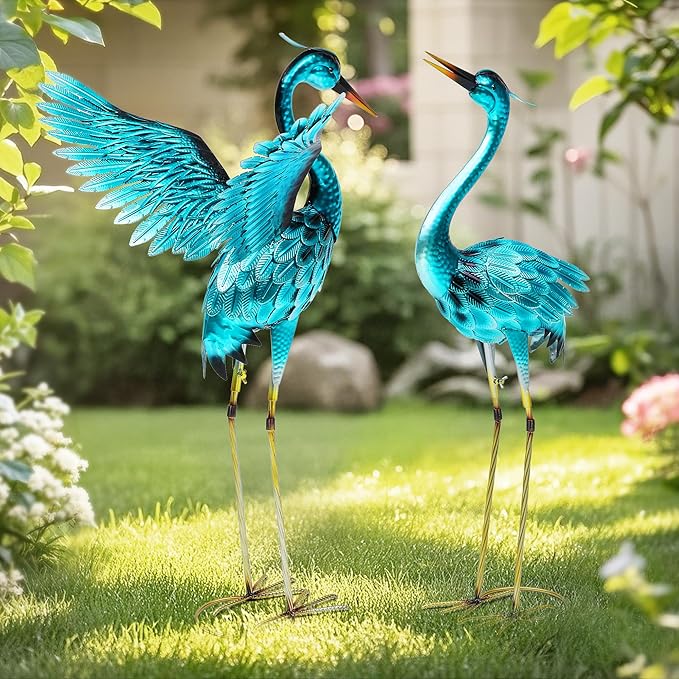 36.75" Metal Crane Garden Statue - Handmade Oversize Heron Sculptures with Stable Ground Stakes, Backyard Large Bird Decoration, Metal Garden Art.