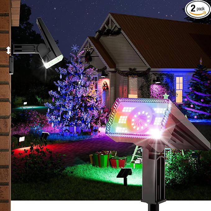 Solar Spot Lights Outdoor, 58 LED 8 Color Modes Solar Lights Outdoor, Multicolor RGB Flood Light Waterproof IP67, 2-in-1 Wall Light for Tree Garden Pathway (Multicolor, 2 Pack)