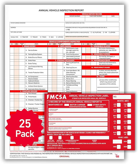 25 Pack Buck 3-Ply Carbonless Annual Vehicle Inspection Report Forms with Red Aluminum FMCSA Adhesive Labels with Punch Boxes, FMCSA & DOT Compliant, Shrinkwrapped Bundle, 8.5" x 11.8" - Made in USA