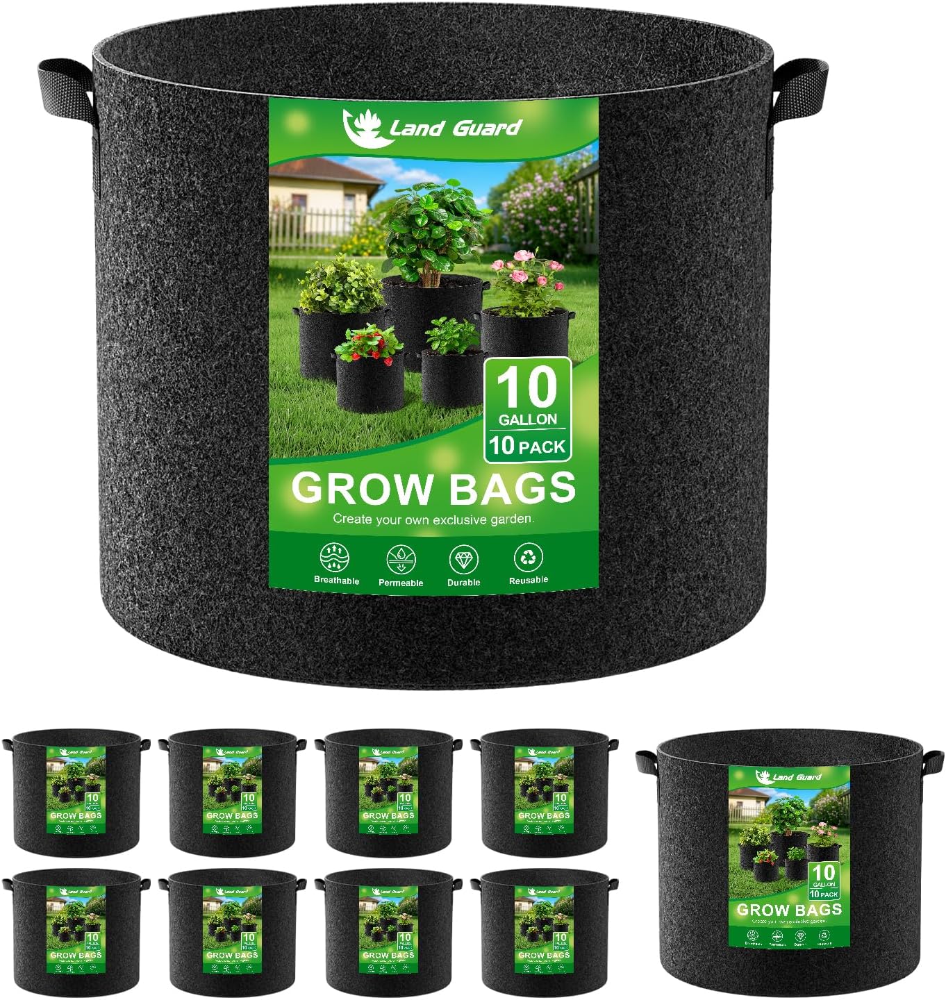 Land Guard 10-Pack Fabric Grow Bags 10 Gallon, Thickened Nonwoven Garden Pots, Growing Bags with Handles, Black